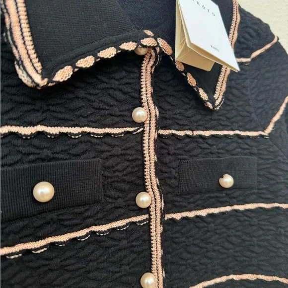 NWT Sandro Black Tweed Two-Piece Jacket & Skirt Set with Cream Trim - Picture 9 of 10